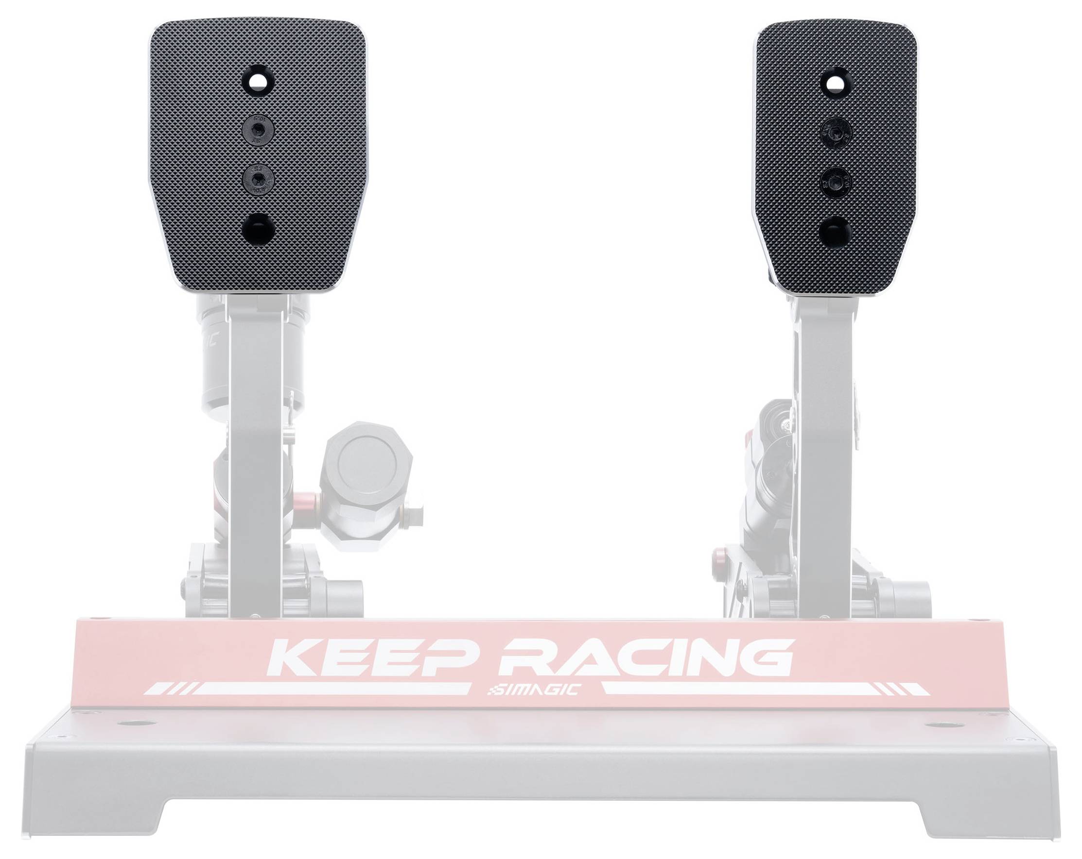 Set pedale za sim racing s crvenom bazom 'KEEP RACING' i dvije crne pedale na sivoj platformi.