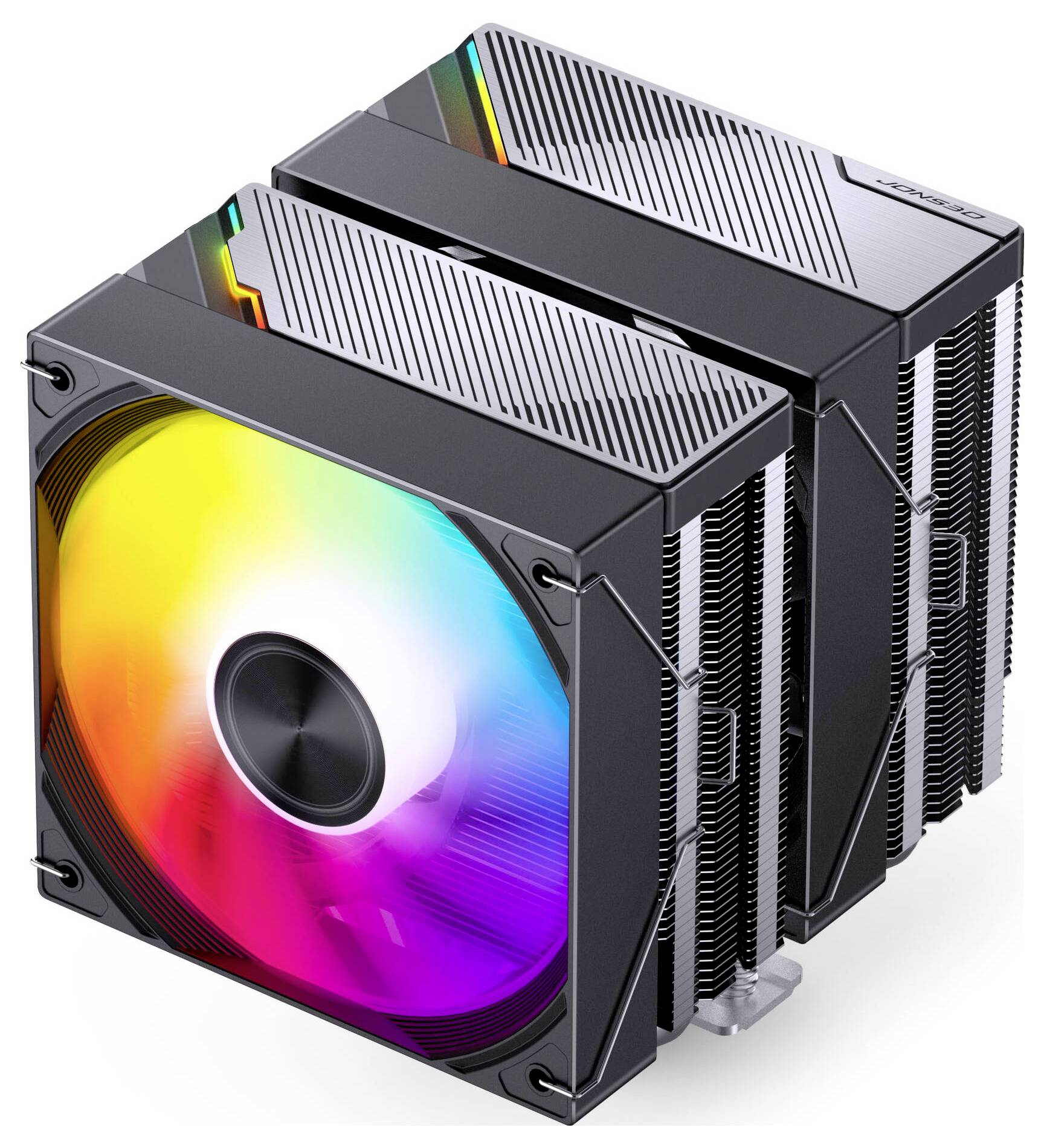 Tri crna računalna hladnjaka/rashladnjaka, jedan s dugilinim RGB ventilatorom, prikazana kao render proizvoda na bijeloj pozadini.