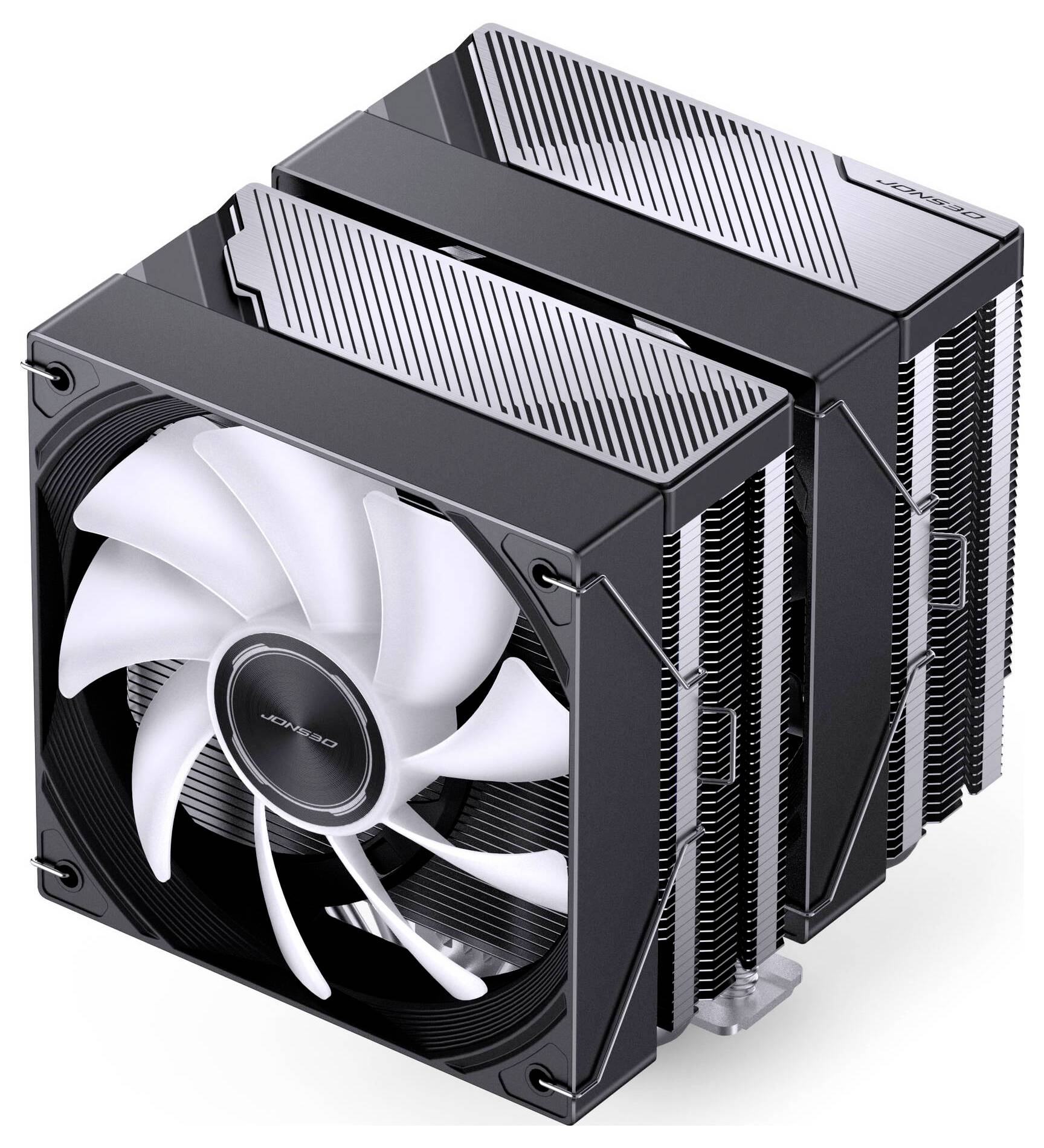 Crni CPU hladnjak s dva tornja i velikim bijelim ventilatorom te brojnim rebrima hladnjaka, prikazan na bijeloj pozadini.