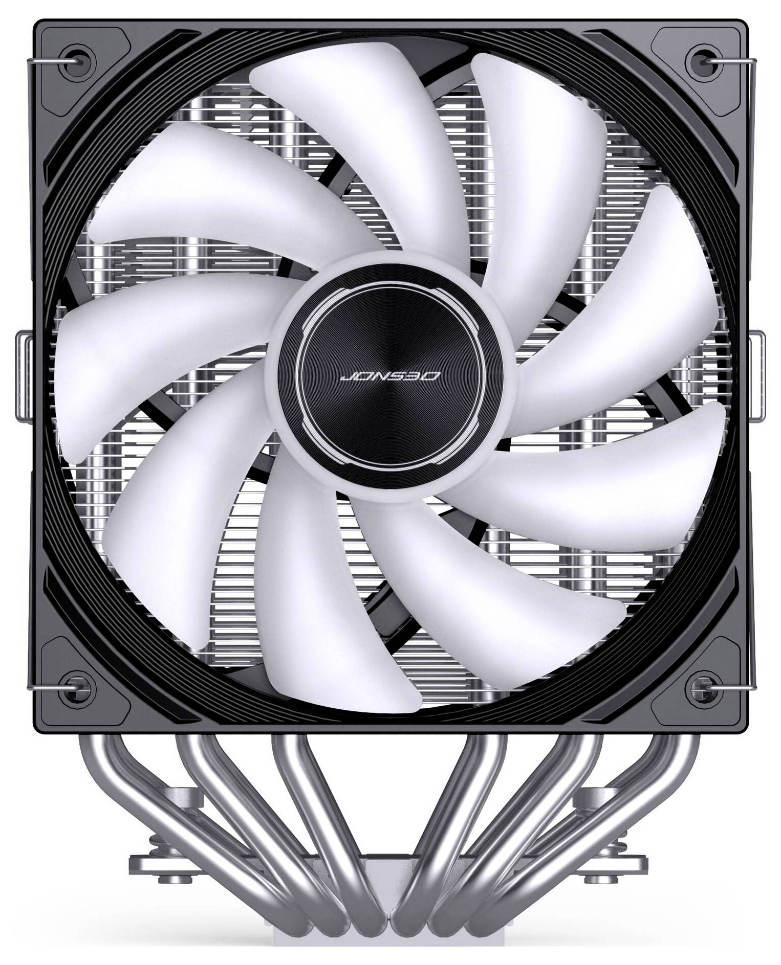 Hladnjačka ventilator za računalo s bijelim lopaticama, crnim okvirom i toplinskim cijevima koja se protežu od baze ispod ventilatora.