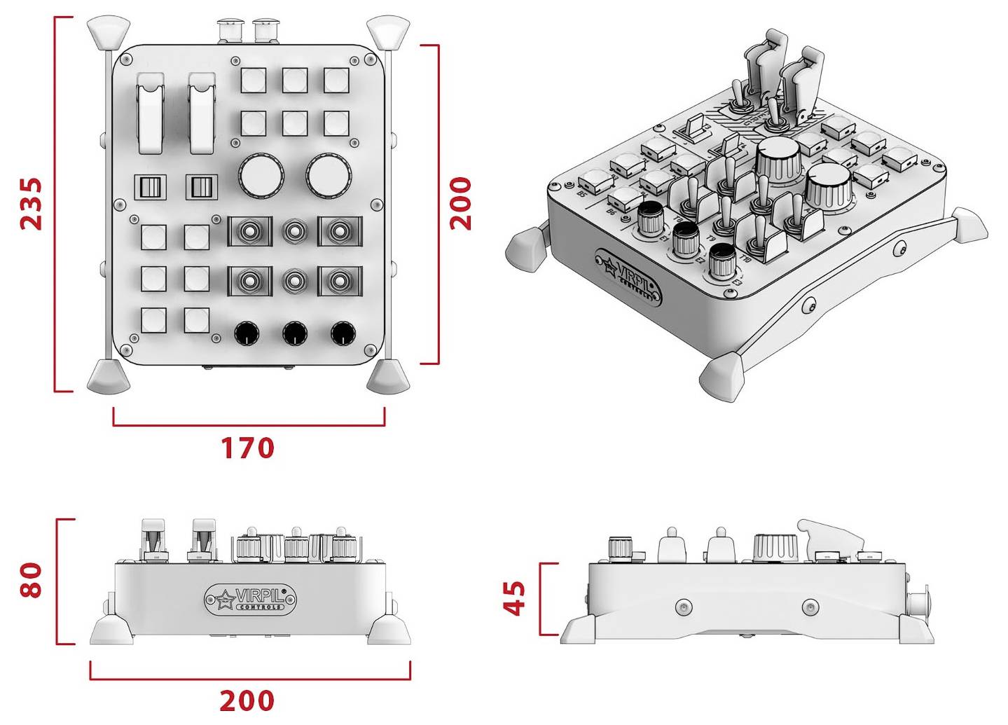 Četiripregledno tehnička ilustracija elektronske kontrolne kutije s gornjim i bočnim dimenzijama: 200 mm širine, 235 mm visine, 170 mm dubine i 45-80 mm visine.