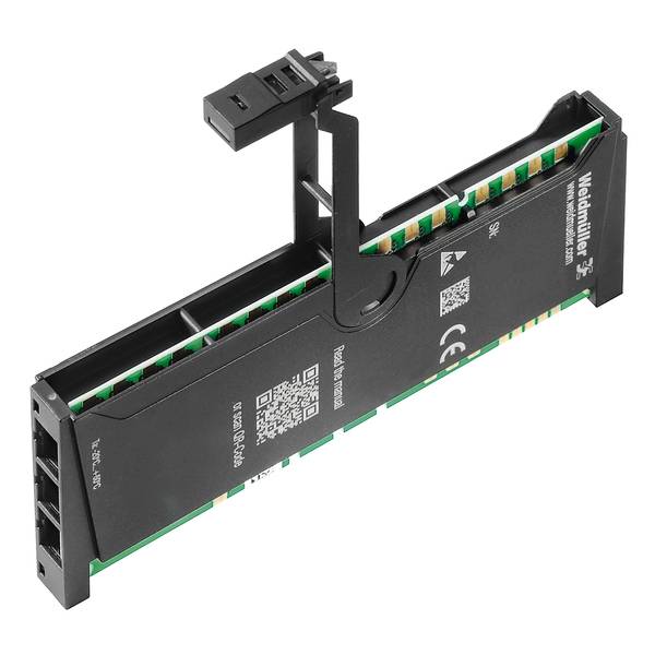Crni elektronički modul Weidmüller s vidljivim rubovima kruga i gornjim montažnim konektorom, prikazan na bijeloj pozadini.