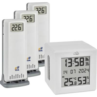 Bežični set meteorološke stanice s tri senzora temperature i baznom stanicom koja prikazuje 13:58, 14.07.2024, 25,8°C i vlažnost od 53%.