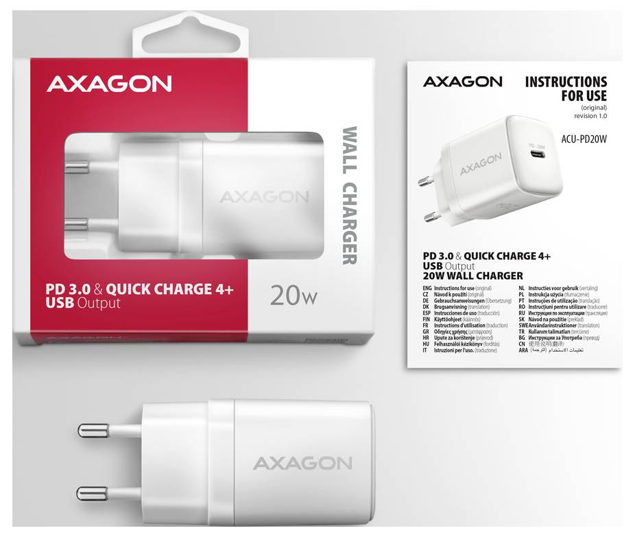 Bijeli USB zidni punjač s dva okrugla europska utikača i ispisanim elektrotehničkim specifikacijama na boku.