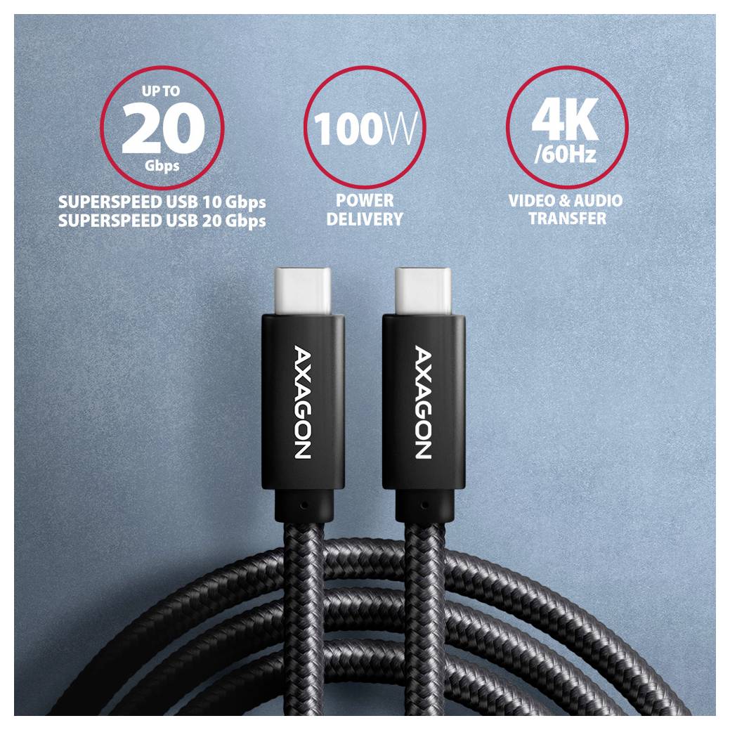 Dva AXAGON USB-C priključka sa zavojitim kablom, reklamirani za do 20 Gbps prijenos podataka, isporuku snage od 100W i prijenos videa i zvuka u 4K/60Hz.