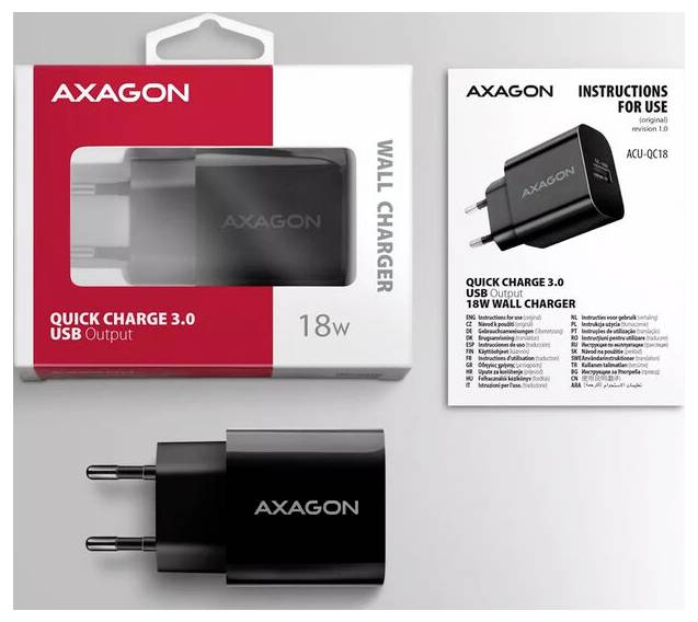 AXAGON USB punjač 18 W 1x USB-A Quick Charge 2.0, Quick Charge 3.0, Fast Charge, Adaptive Fast Charge-2