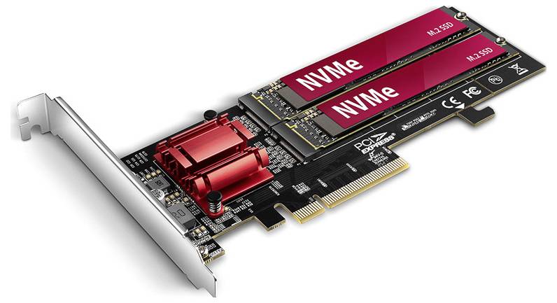 PCIe NVMe SSD ekspanzijska kartica s dva crvena M.2 pogona i metalnom zagradom, prikazana na bijeloj pozadini.
