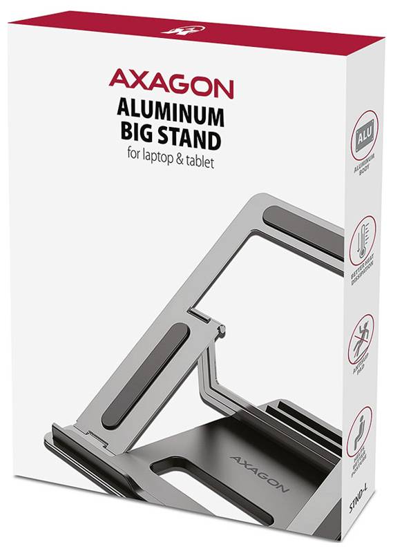 Kutija za proizvod 'AXAGON Aluminum Big Stand' za laptop i tablet, prikazuje srebrni podesivi stalak sa ikonama značajki sa strane.