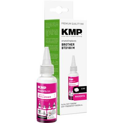 Boca atramentna tinta KMP magenta i kutija, označena kao 'zamjena za BROTHER BTD180 M' za pisače marke Brother.