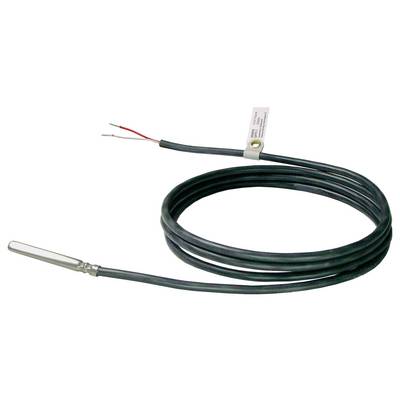 Namotani crni kabel s metalnom sondom za mjerenje temperature na jednom kraju i oguljenim žičanim vodičima na drugom kraju, prikazan na bijelog pozadina.