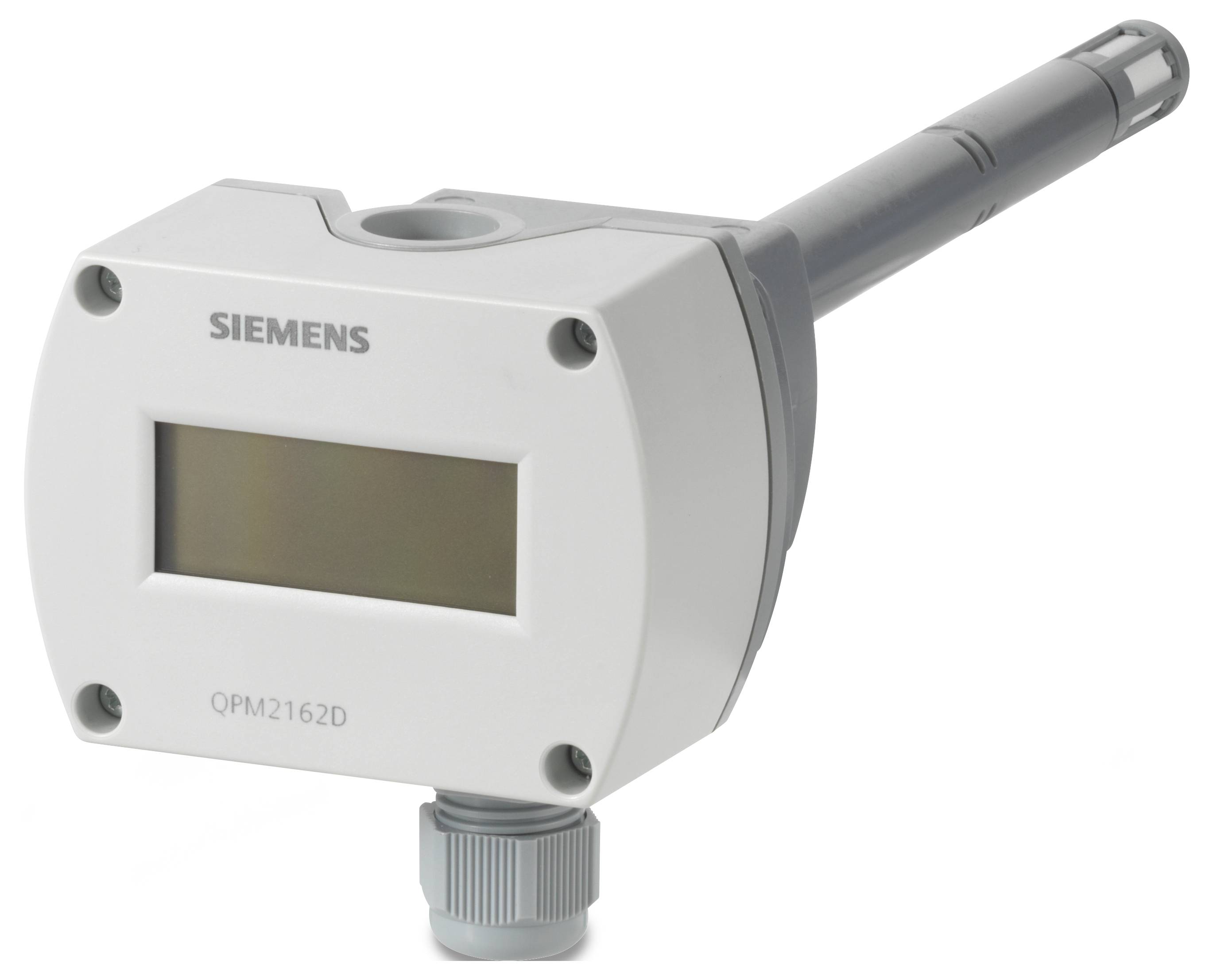 Industrijski senzor Siemens QPM2162D s malim displejom i sondom, prikazan na bijeloj pozadini.