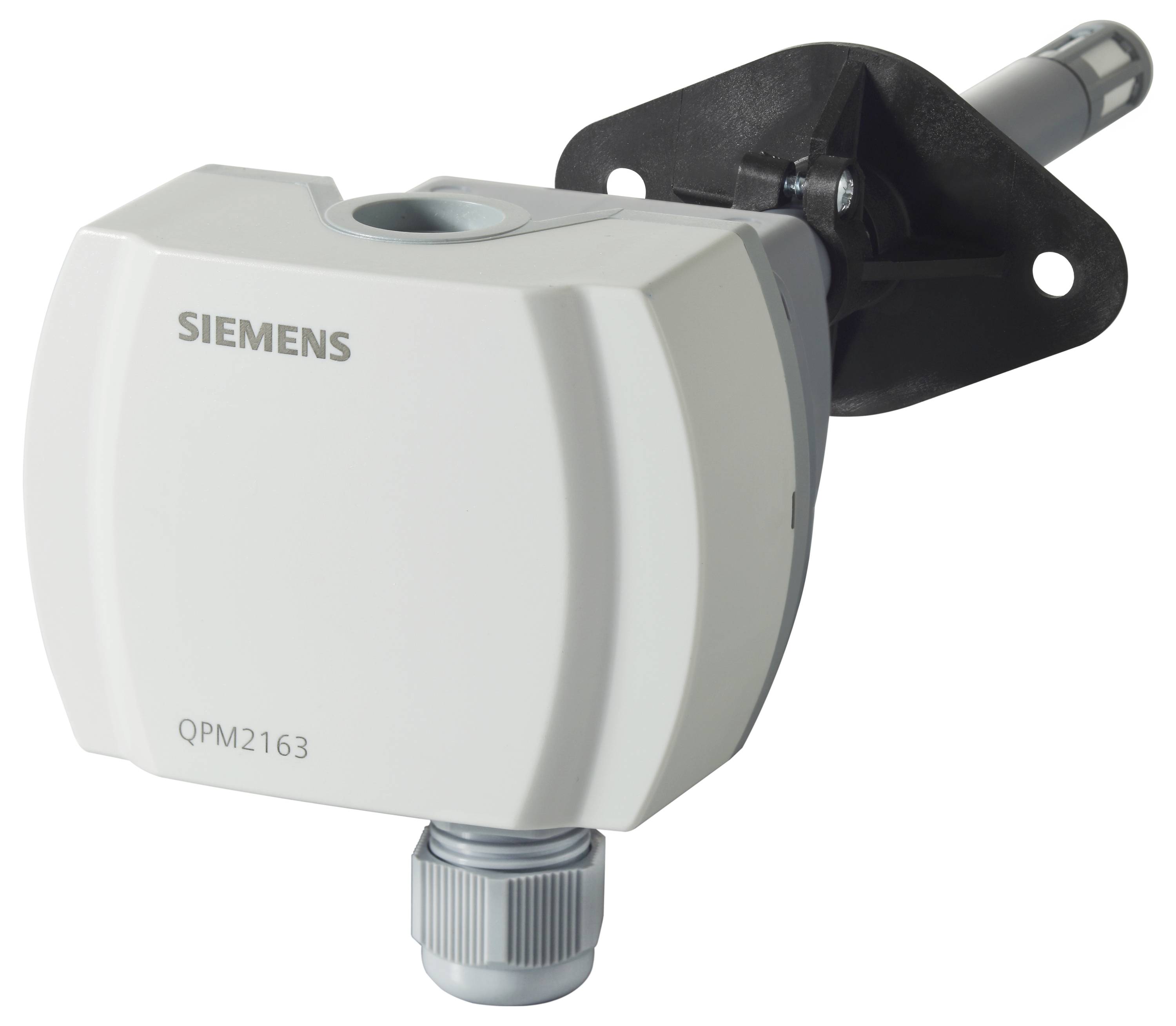 Siemensov QPM2163 zidni senzor u bijeloj kućici s nosačem za montažu i konektorom za kabel.