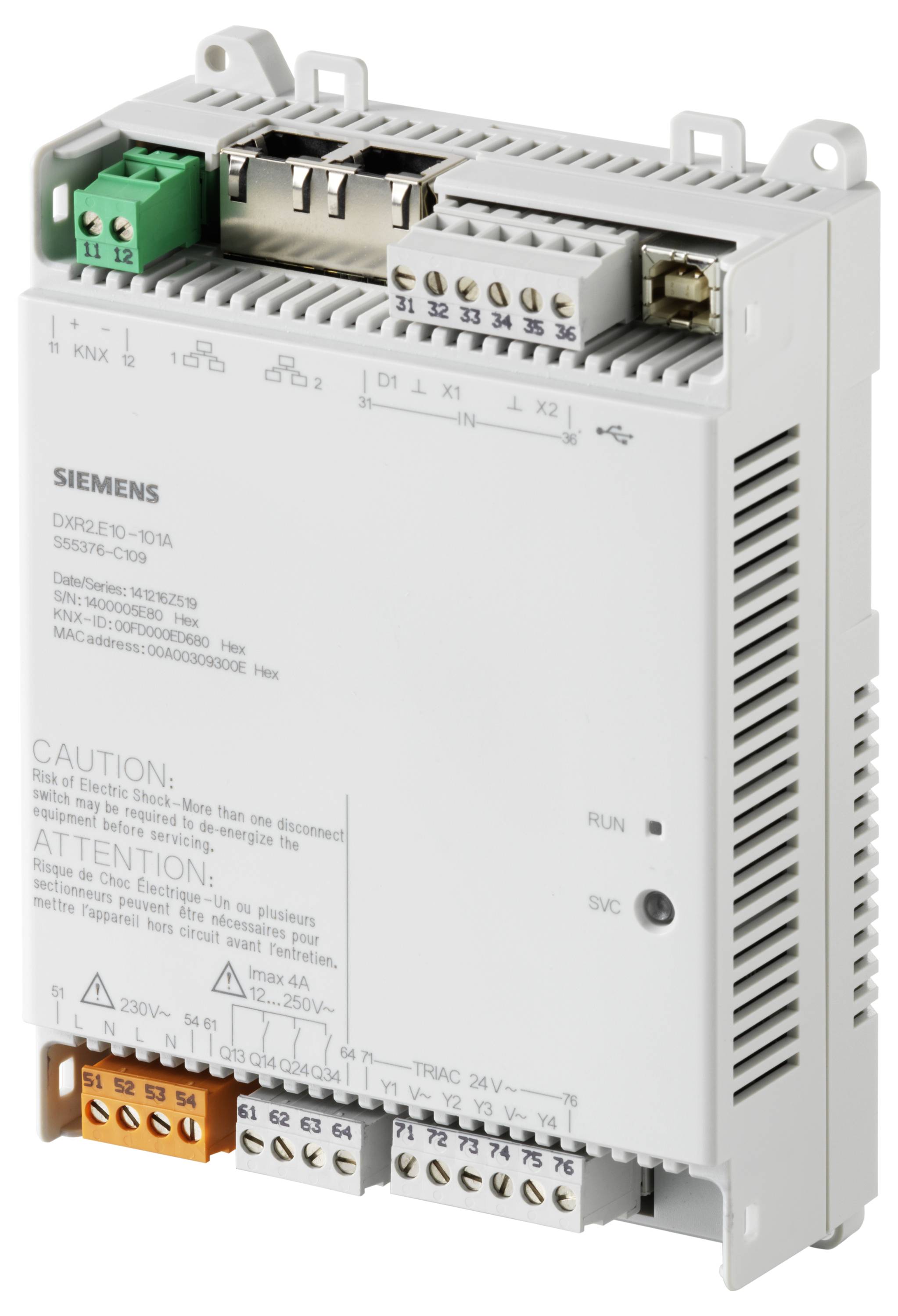 Siemensov DIN-šinski modul elektrijske kontrole s više terminalnih blokova, LED indikatorima stanja i označenim ulazima/izlazima za automatizaciju zgrada.