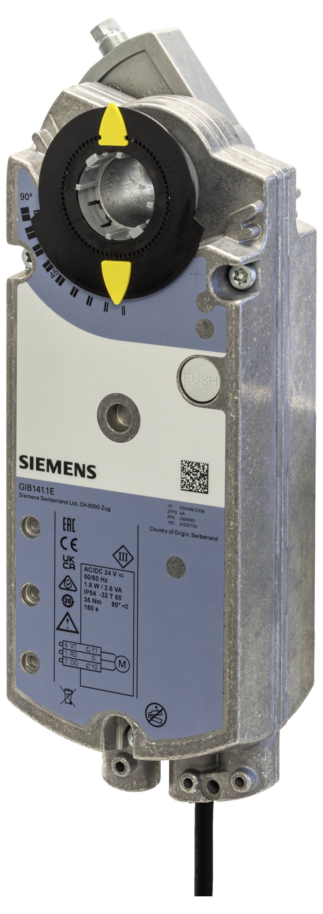 Siemensov industrijski ventilski aktuator s crnim ručnim regulatorom i žutim oznakama, montiran okomito s kabelom za napajanje ispod.
