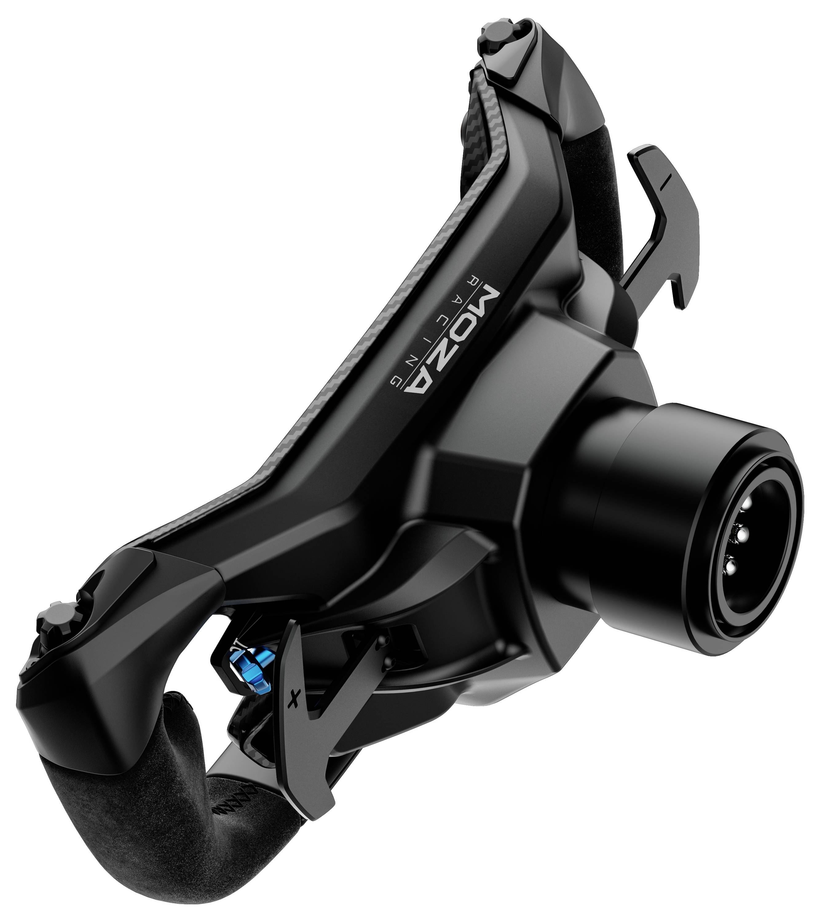 Crni Shimano M6200 komponenta biciklističkog pogonskog sustava prikazana u bliskom kadru, vjerojatno stražnji menjač, s nosačem kabela i vodljivim kolesom na bijeloj pozadini.