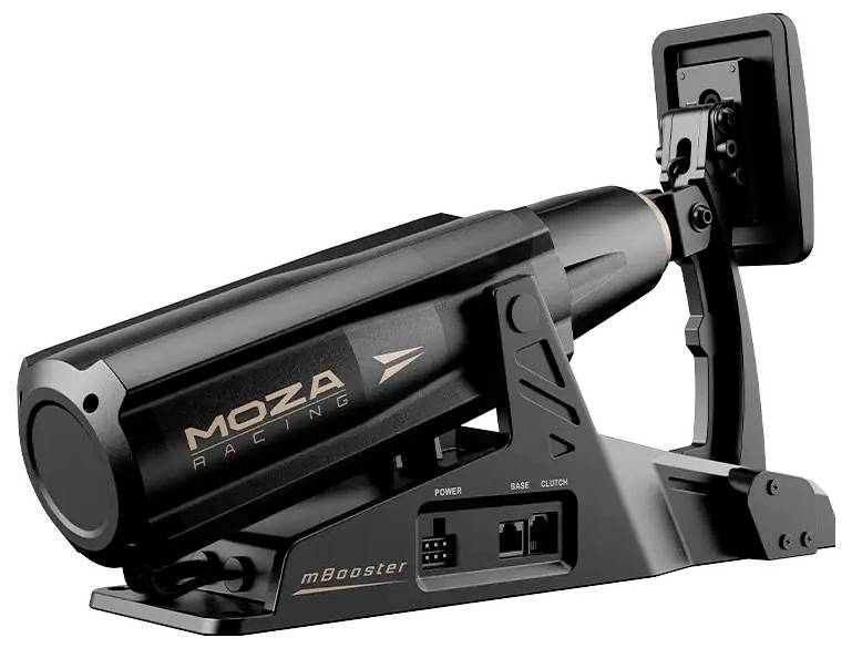 MOZA Racing mBooster modul pedala sa povratnom silom prikazan u crnoj boji, sa kućištem motora, rukom za montažu i vidljivim portima za napajanje/osnovu/kvačilo na bijeloj pozadini.
