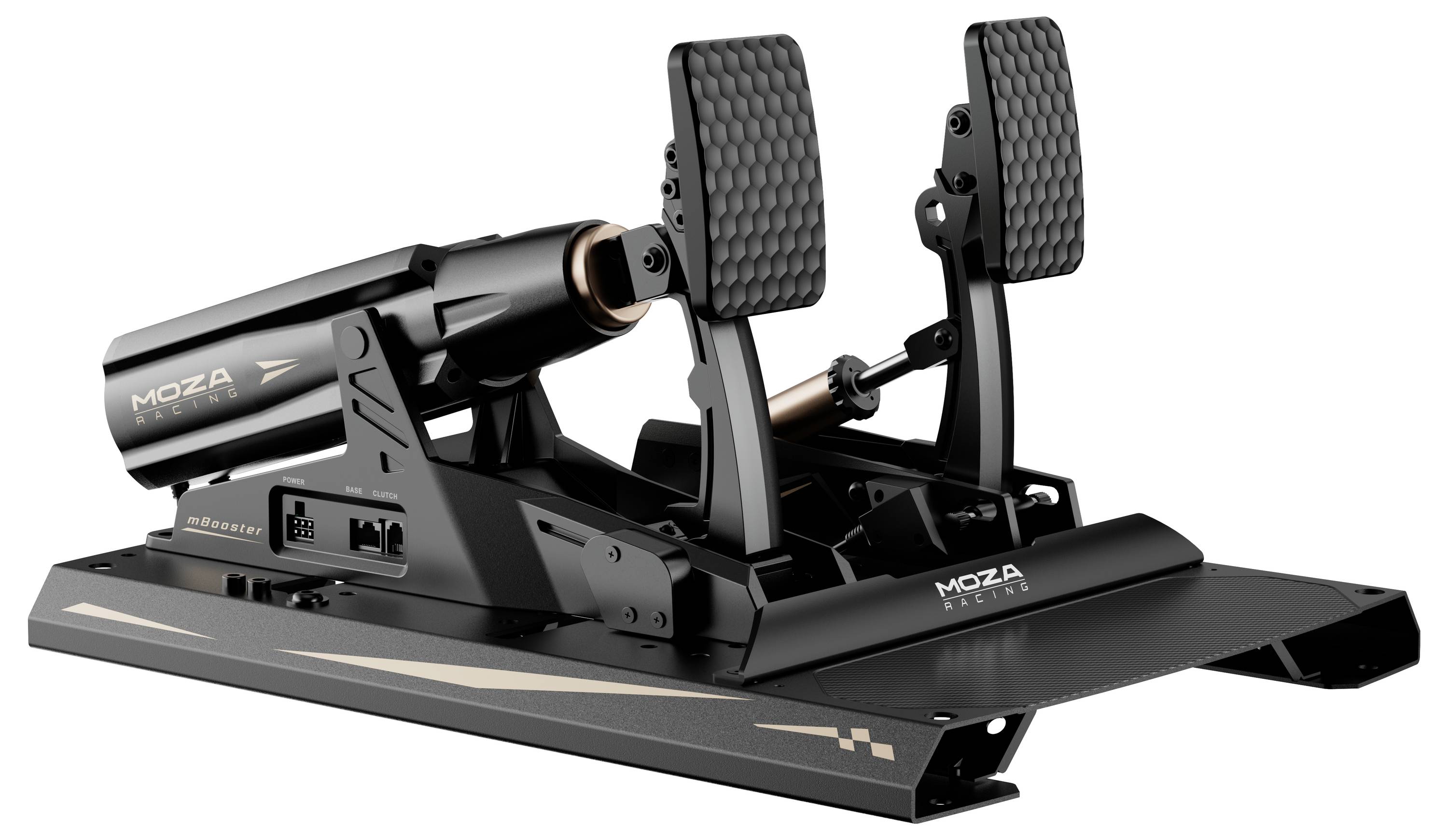 Crni MOZA racing simulator set pedalnih ploča s akceleratorom i kočnicom montiranim na baznu platformu.