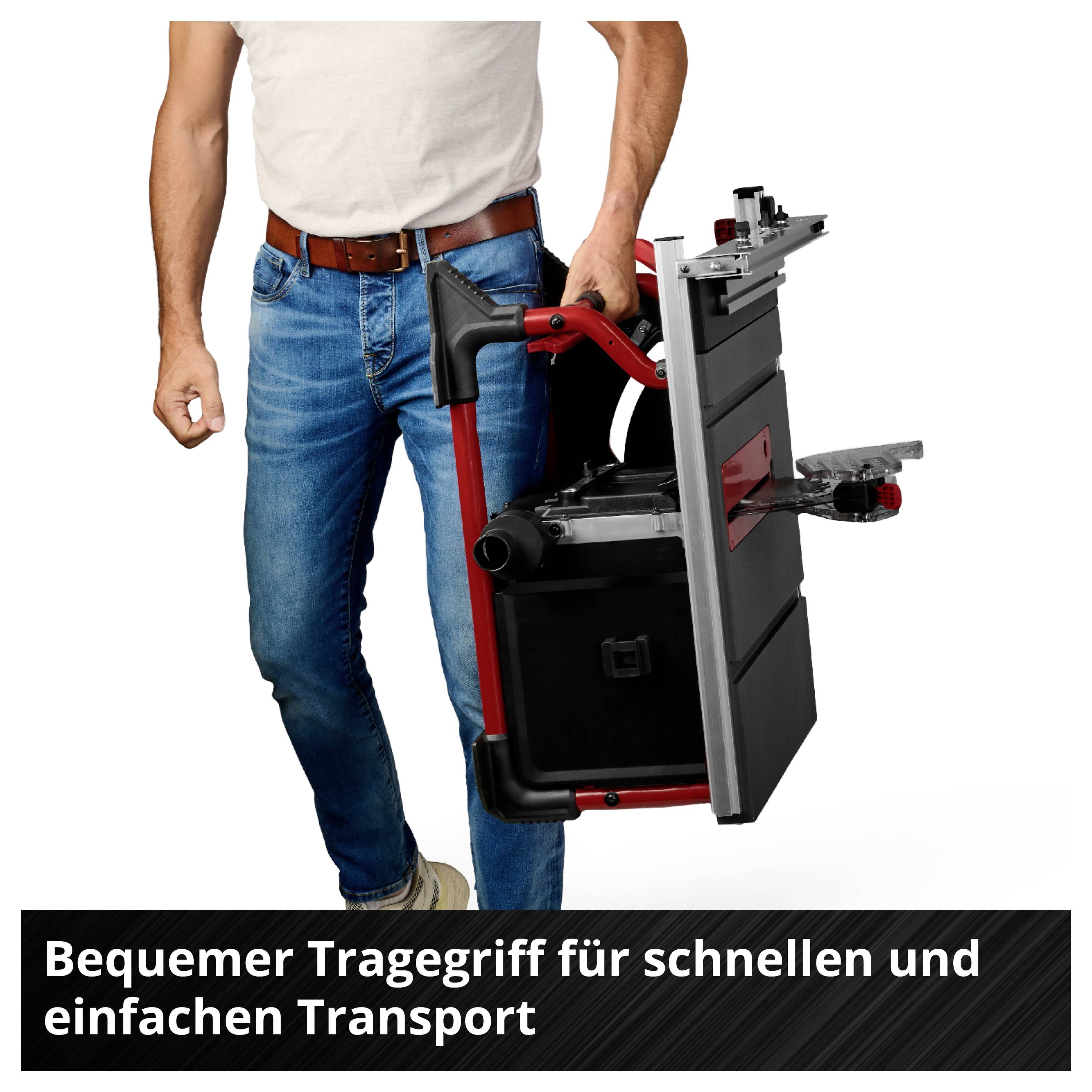 Muškarac nosi sklopivi transportni uređaj s ručkom; dolje piše 'Udobna ručka za brz i jednostavan transport'.