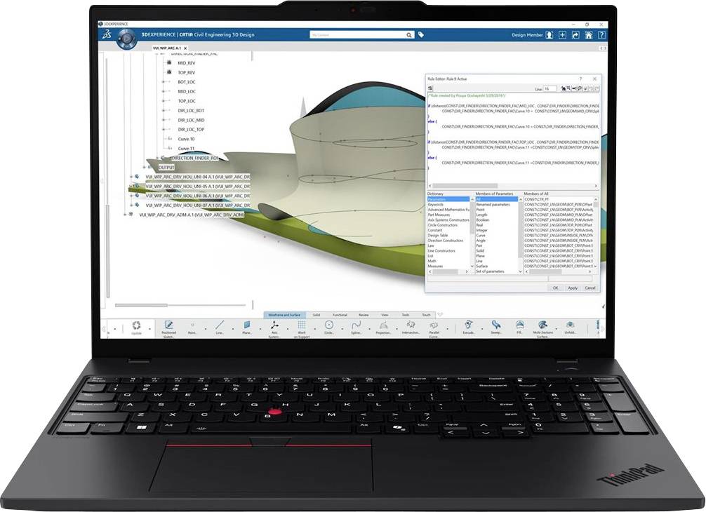 Prijenosno računalo koje prikazuje 3D model za inženjerstvo/CAD s povećanjem datoteka slijeva i panelom za pretraživanje/rezultate desno.