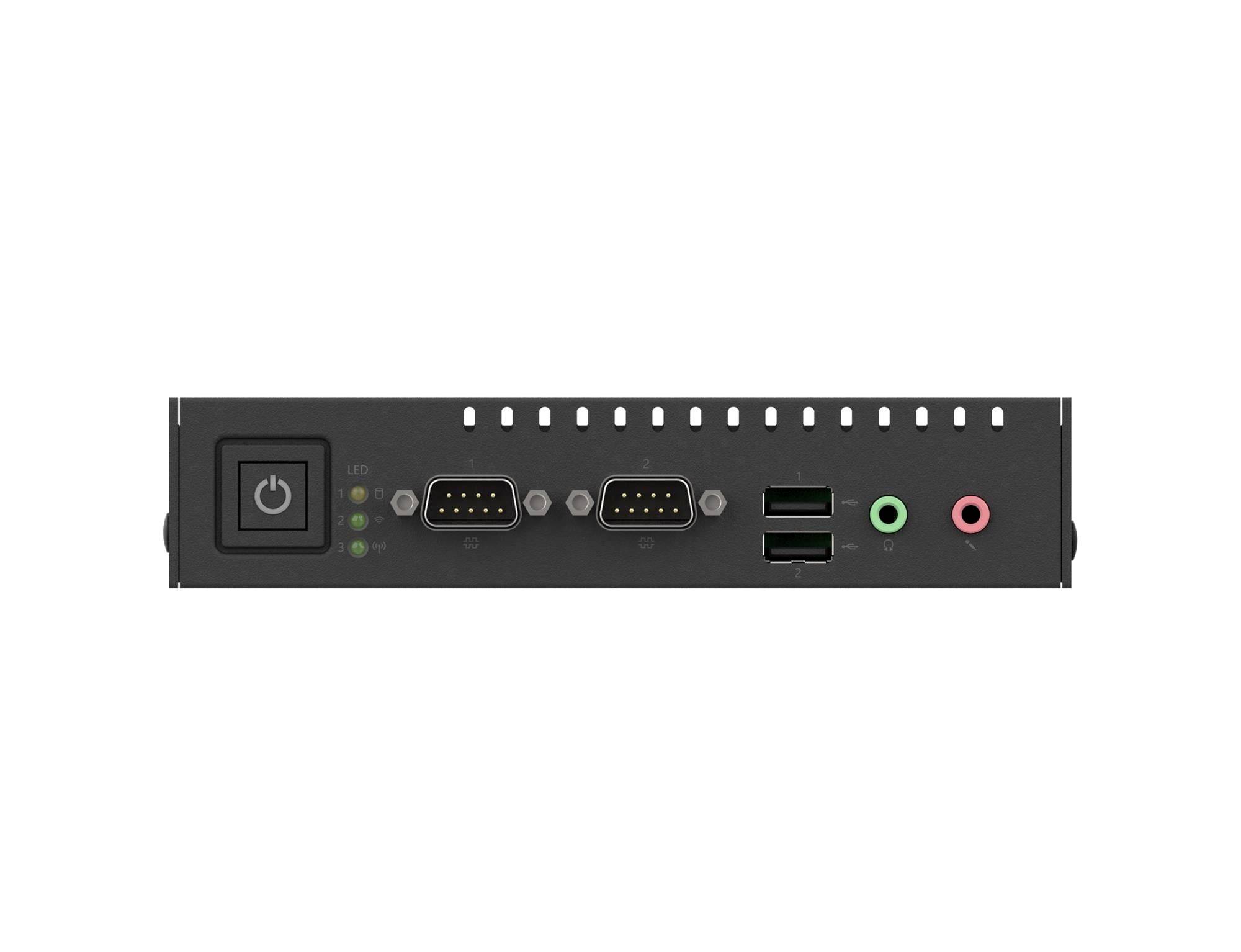 Frontalni prikaz crne elektronske kontrolne ploče s dugmetom za napajanje, LED indikatorima stanja, dva serijska porta, dva USB porta i zelenom i ružičastom audio utičnicom.