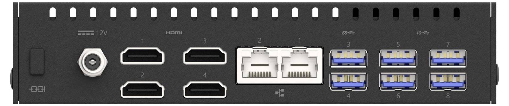 Stražnji pogled na multimedijsku uređaj koji prikazuje ulaz napajanja, HDMI priključke, dva Ethernet priključka i šest USB priključaka označenih brojevima.
