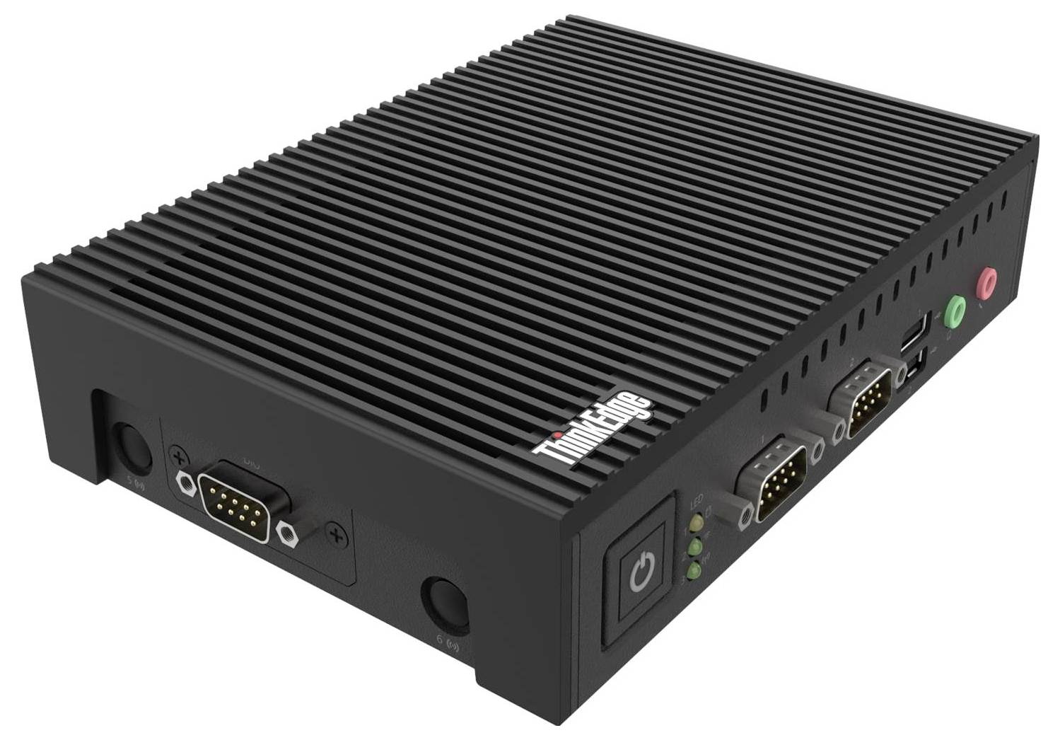 Crna otporna ThinkEdge industrijska računalna kutija s ventiliranim vrhom, serijskim priključcima, gumbom za napajanje, indikatorima stanja i USB/Ethernet vezama.
