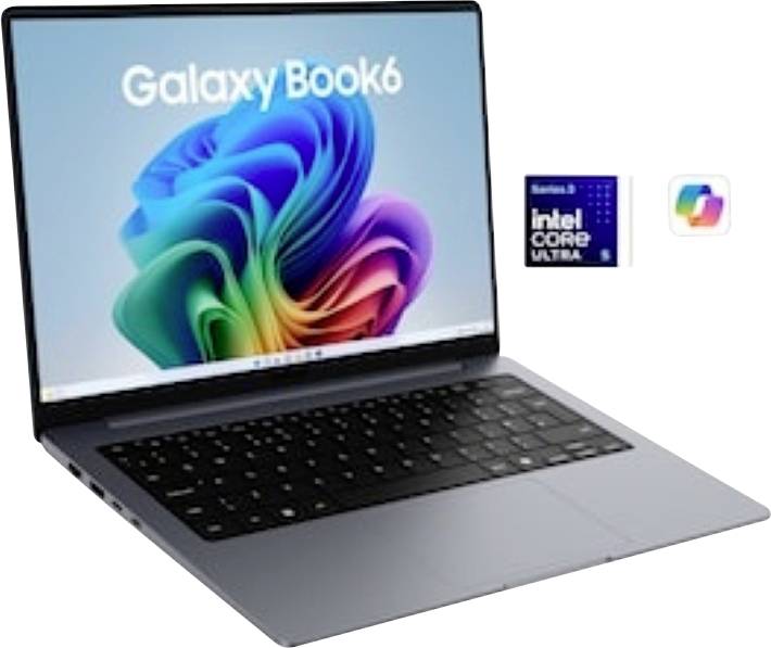 Samsung Galaxy Book6 prijenosno računalo prikazano otvoreno sColorfulnim ekranom, zajedno s logotipima Intel Core Ultra i Microsoft Copilot.
