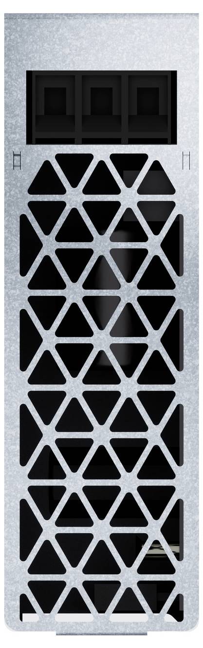 Blizak računalnog kućišta s crnom geometrijskom rešetkom ventilacije, otvorima za pogon na vrhu i gumbima za napajanje/resetiranje na dnu.