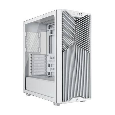 Bijela Corsair kućišta za desktop PC s prozirnom bočnom panelom i oblikovanim ventilacijskim žljebovima na prednjoj strani.