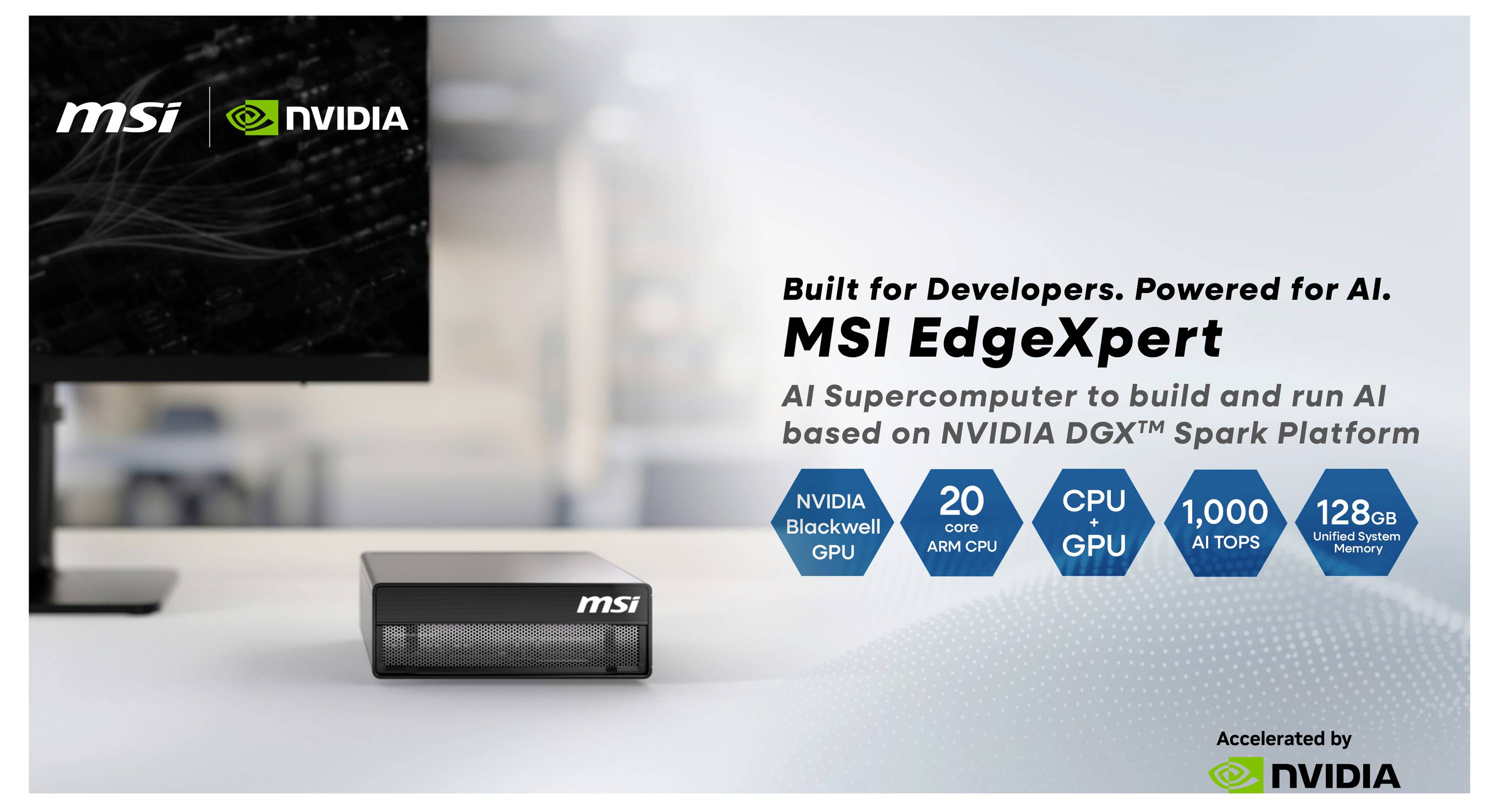 MSI EdgeXpert AI superračunalo za razvojne inženjere, prikazano s NVIDIA brendiranjem i specifikacijama: 20-jezgreni ARM procesor, CPU GPU, 1.000 AI TOPS-a, 128 GB LPDDR5x memorije.