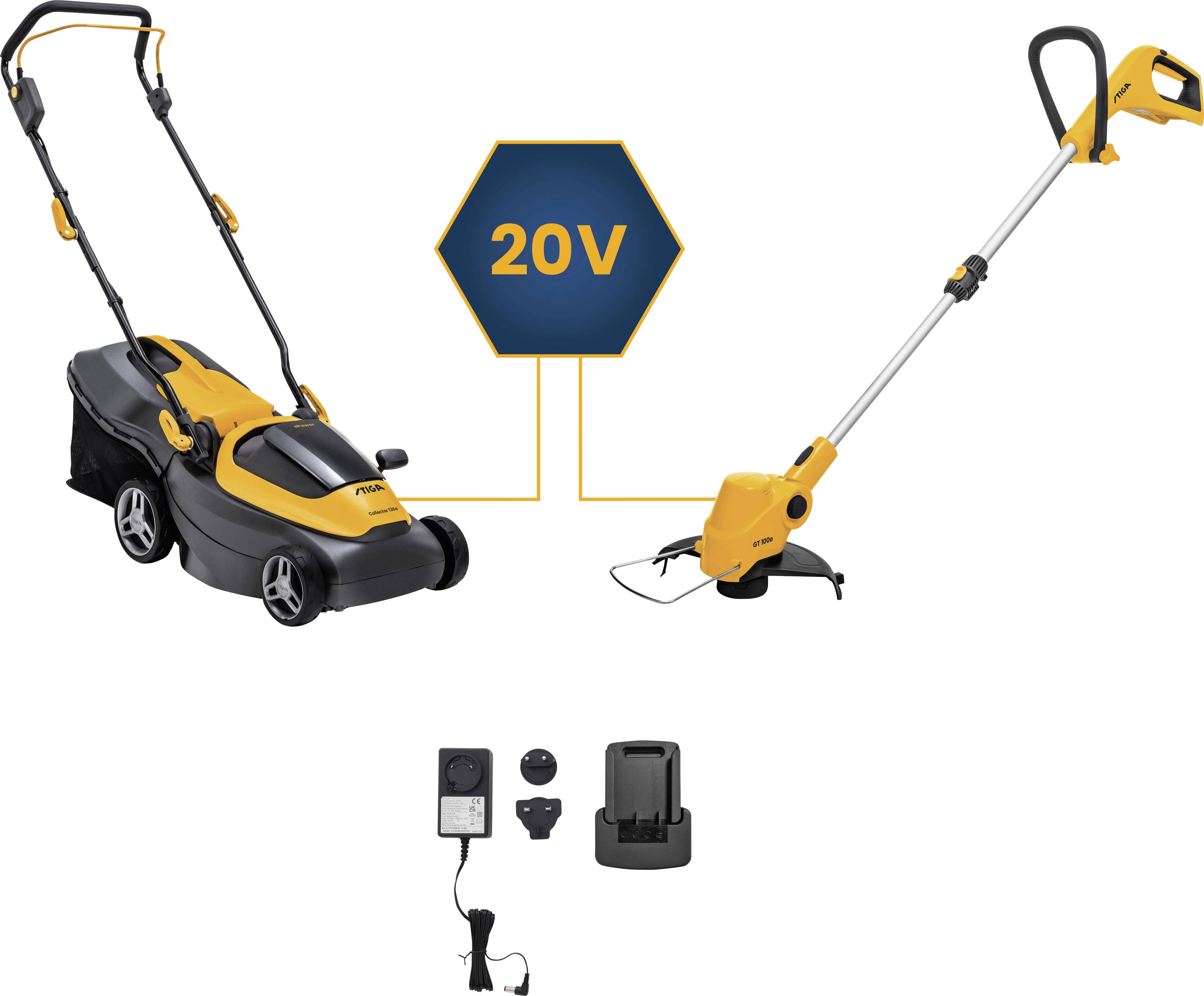 20V bežični set alata za vrt: Mobilni košac za travu, koso rezač sa žicom, punjač, baterija i zidni držač na bijeloj pozadini.