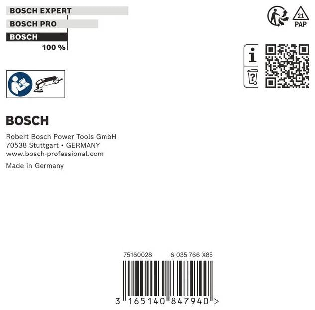 Bosch labela proizvoda s Bosch Expert/Pro brendiranjem, adresom tvrtke i web-stranicom, QR kodom, simbolima recikliranja i bar-kodom s brojevima dijelova 75160028 i 6 035 766 X85.
