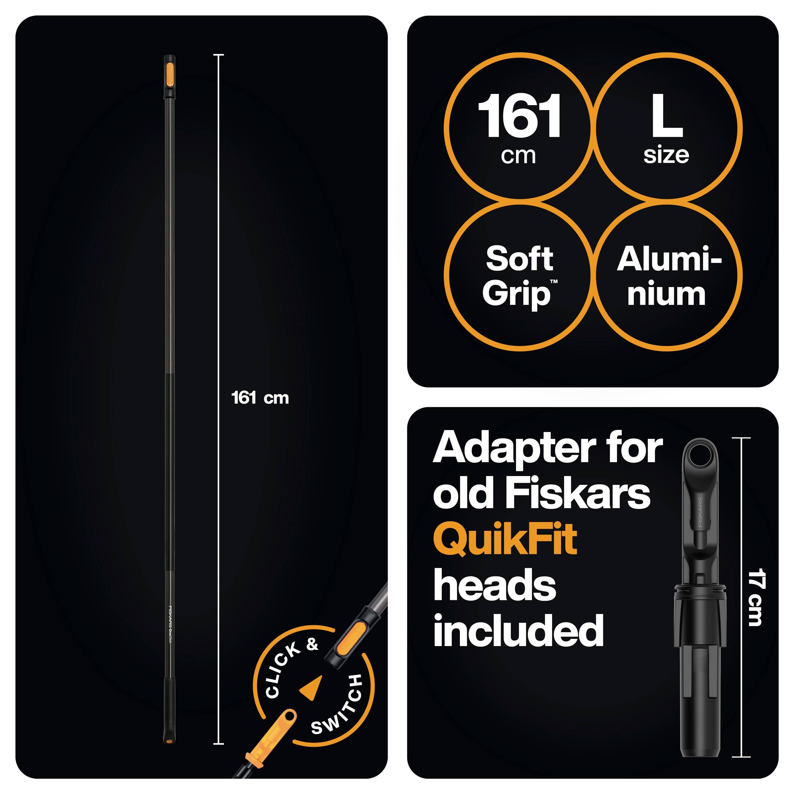 Proizvodni grafički prikaz aluminijskog ručnog alata Soft Grip od 161 cm, veličina L, s priloženim adapter-sklopom za starije Fiskars QuikFit glave, visine 17 cm.