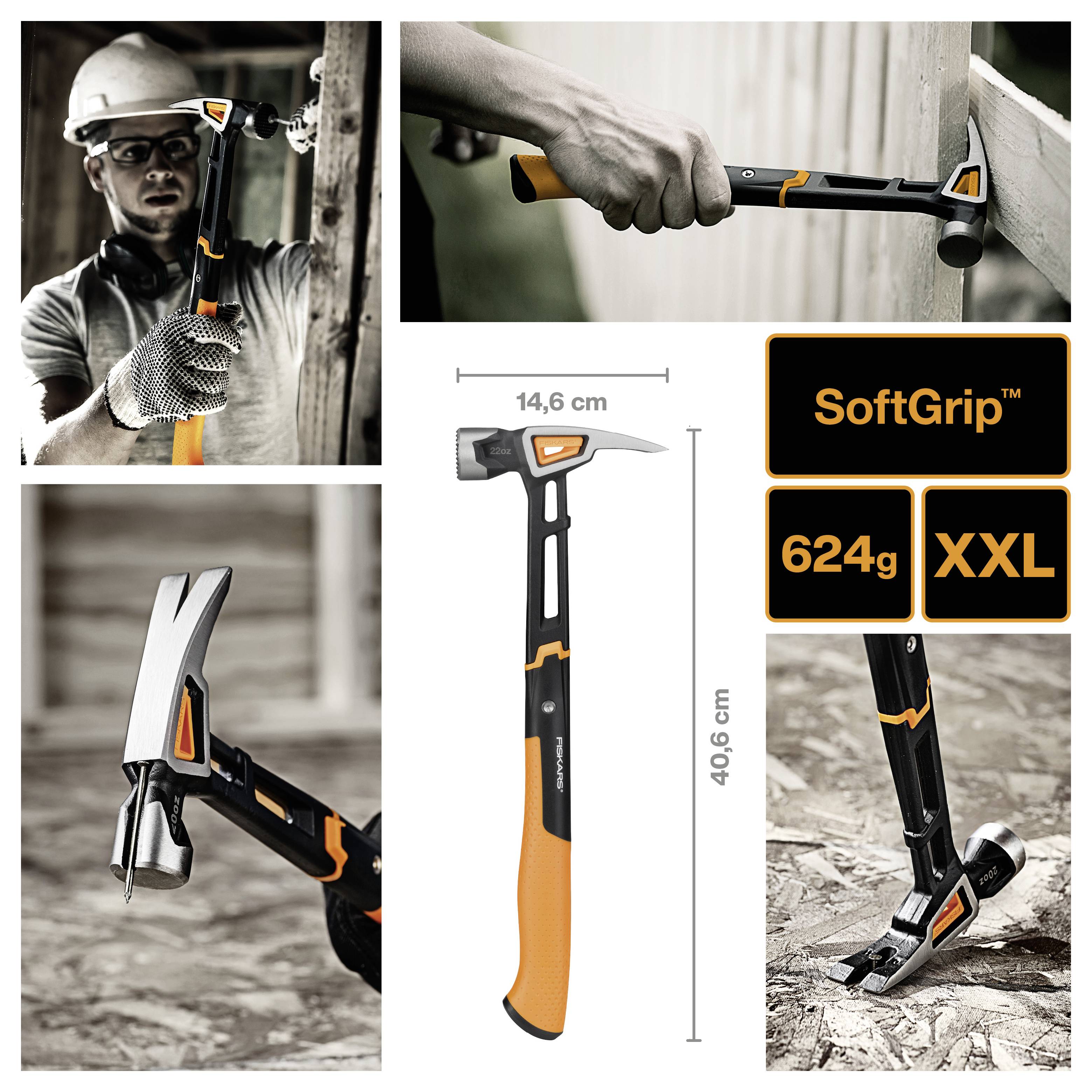 Kolež koji prikazuje crno-narančasti čekić u upotrebi, sa specifikacijama veličine 14,6 cm i 40,6 cm, težina 624 g, označen sa 'SoftGrip' i 'XXL'.