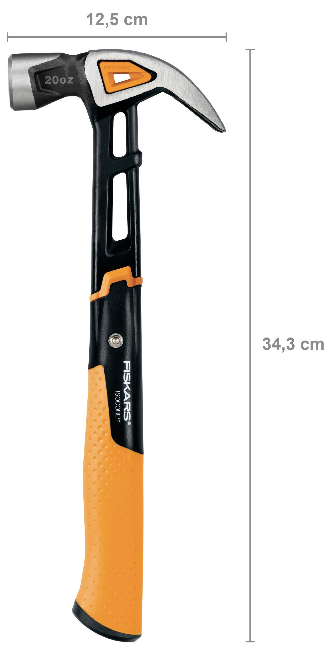 Čekić Fiskars od 20 oz prikazan s označenim dimenzijama od 12,5 cm širine i 34,3 cm visine.