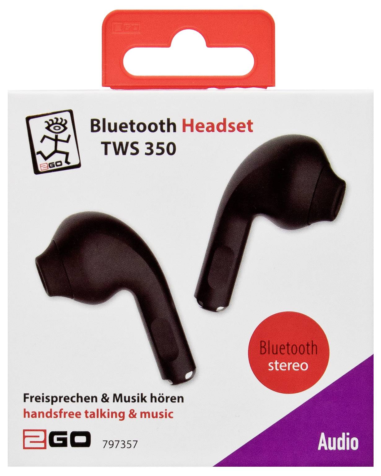 Kutija za pakiranje 'Bluetooth Slušalice TWS 350' od 2GO, prikazuje dvije crne bežične slušalice i oznaku 'Bluetooth stereo'.