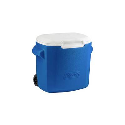 Plavi Coleman rashladni sanduk na kotačima s bijelim poklopcem, prikazan na običnoj pozadini.