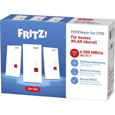 FRITZ!Mesh Set 2700 Wi‑Fi 7 sustav usmjerivača od 3 komada s reklamom za '6.500 MBit/s', neprerprivnu pokrivenost i jednostavnu konfiguraciju.