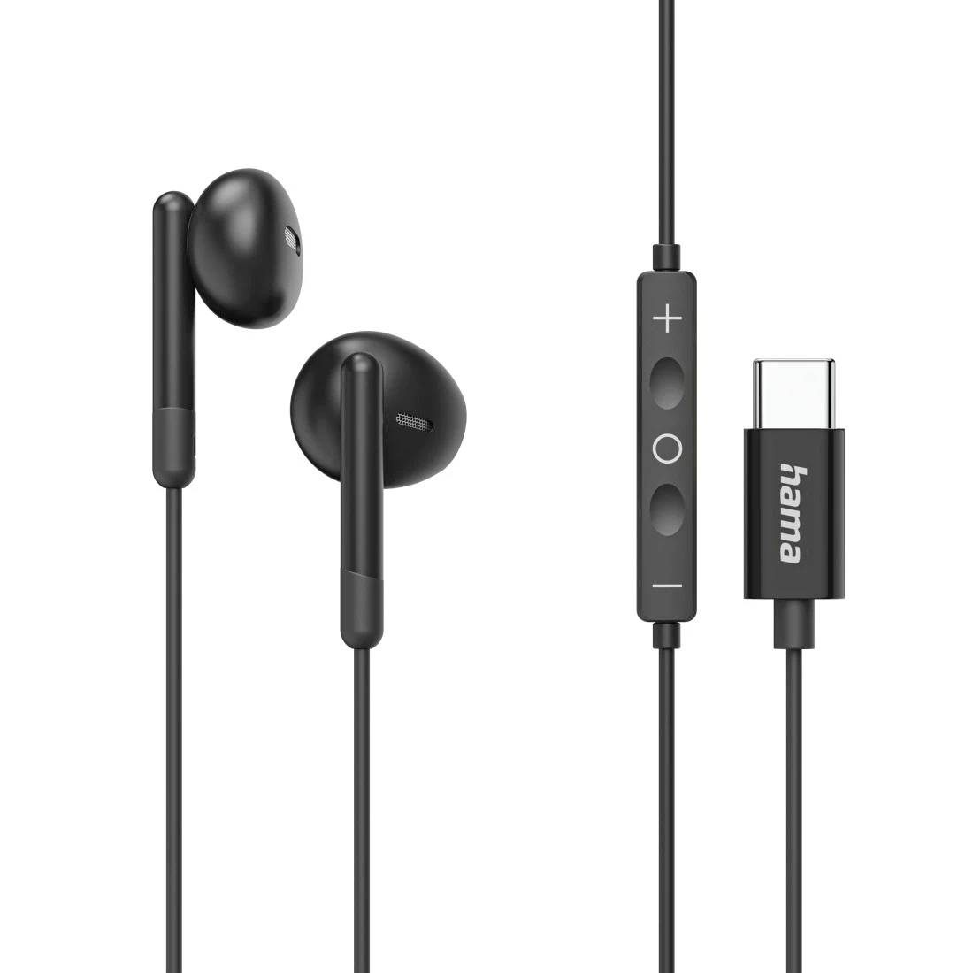 Crne žičane slušalice sa ugrađenom kontrolom jačine zvuka i USB-C konektorom označene markom 'hama'.