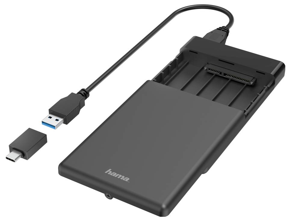 USB-C adapter za SATA tvrdi disk s priključenim USB-A kablom i odvojivim USB-C konektorom za povezivanje 2,5-inčnog pogona s računalom