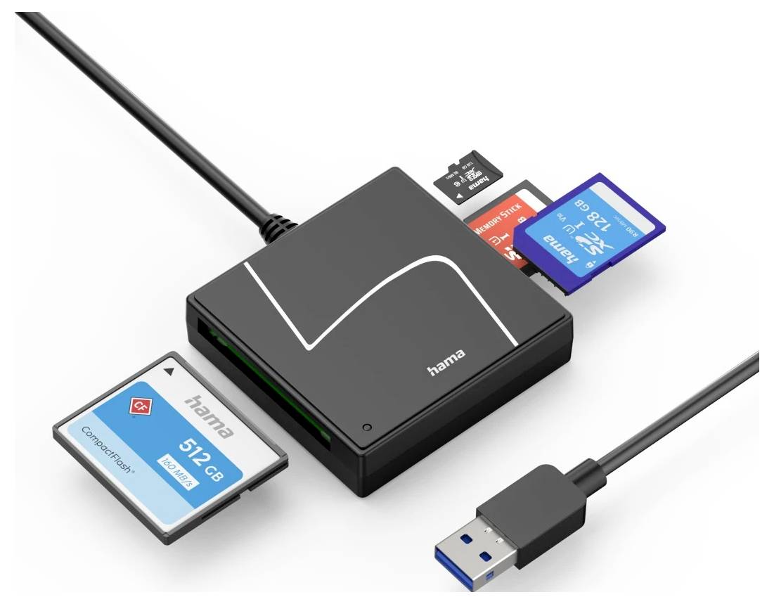 USB čitač kartica sa više memorijskih kartica ubačenih i USB kablom priključenim, prikazan na bijeloj pozadini.