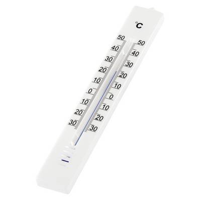 Bijeli analogni termometar označen u °C, postavljen dijagonalno na običnoj pozadini.