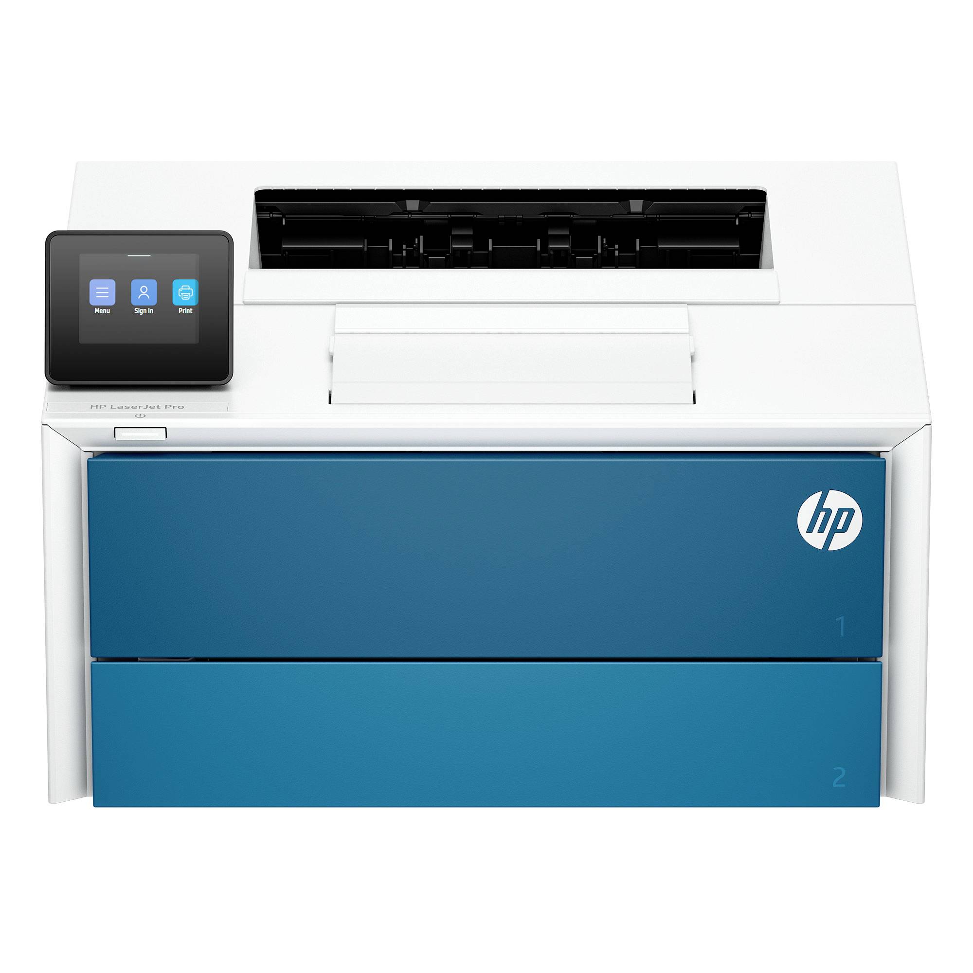 Prednji pogled HP multifunction pisača s malim dodirnim zaslonom na lijevoj strani i dva plava ladice za papir