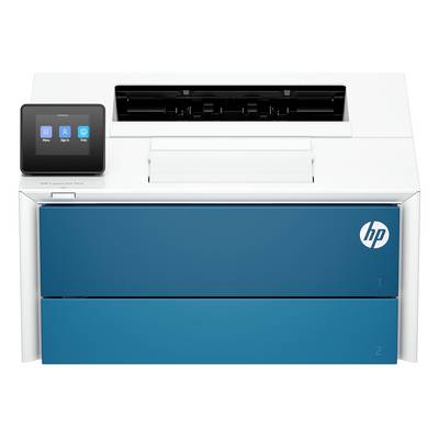 Prednji pogled HP multifunction pisača s malim dodirnim zaslonom na lijevoj strani i dva plava ladice za papir