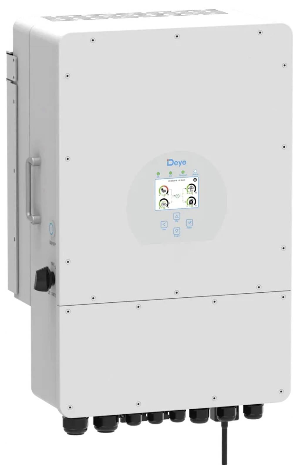 Bijeli Deye zidni solarni inverter s malim prednjim zaslonom i više kabelskih priključaka na dnu.