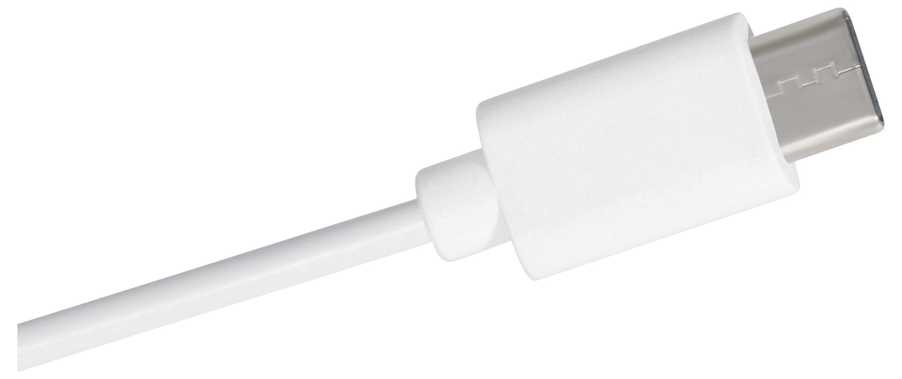 Detaljni prikaz bijelog USB-C priključka za punjenje s bijelim ojačanjem na mjestu savijanja na jednostavnoj pozadini.