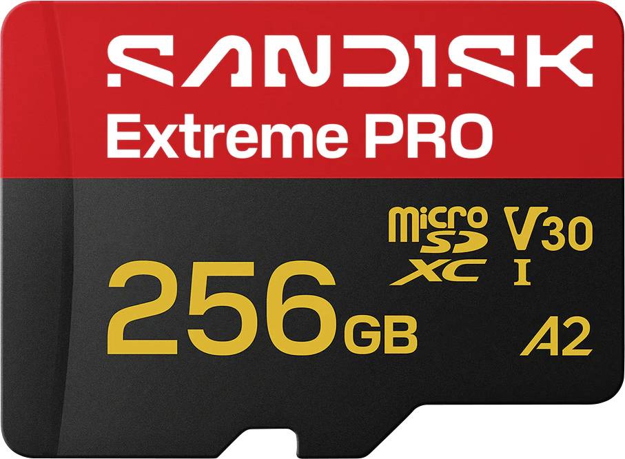 SanDisk Extreme PRO 256GB microSD kartica, označena kao microSDXC V30 A2, prikazana na bijeloj pozadini.
