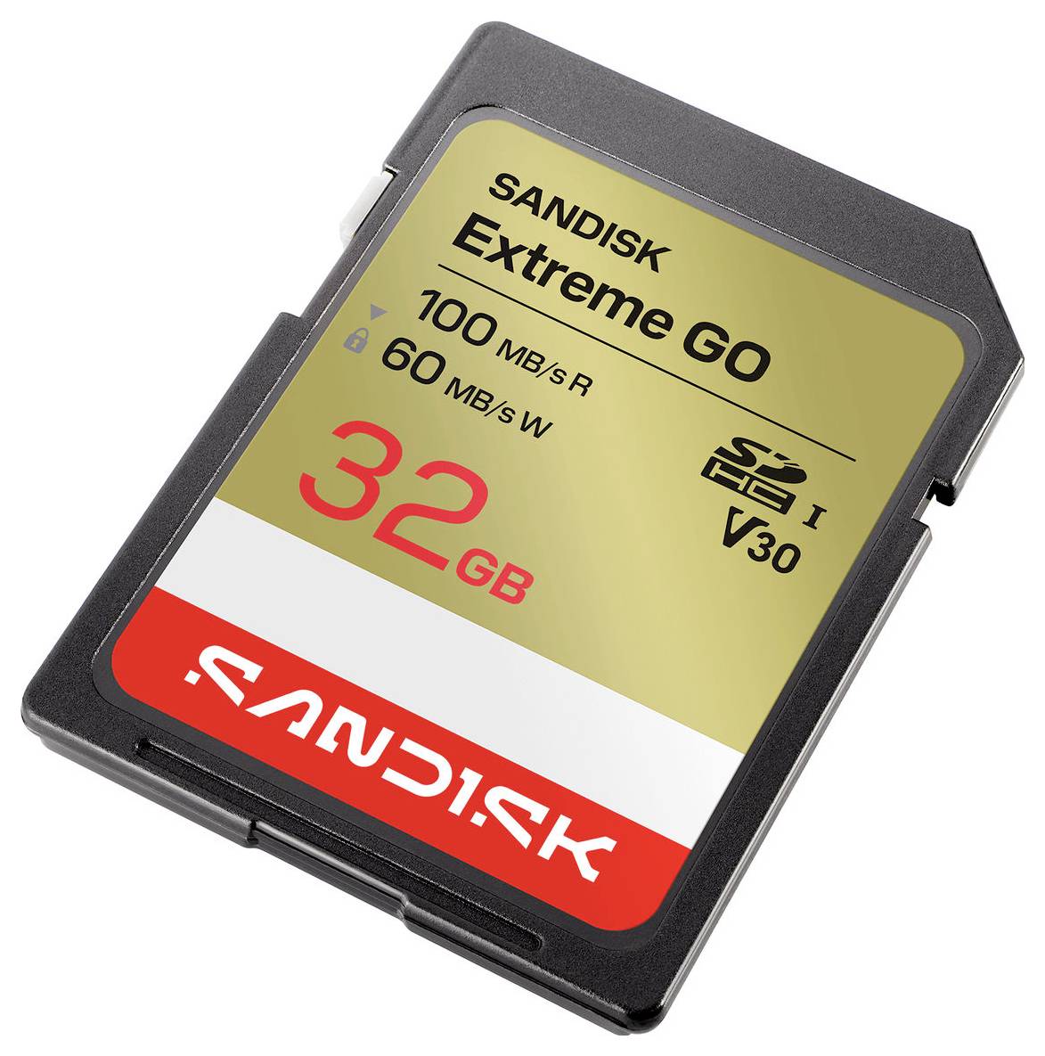 SanDisk Extreme Go 32 GB SD memorijska kartica, označena s 100 MB/s brzinom čitanja i 60 MB/s brzinom pisanja s UHS-I V30 ocjenom.