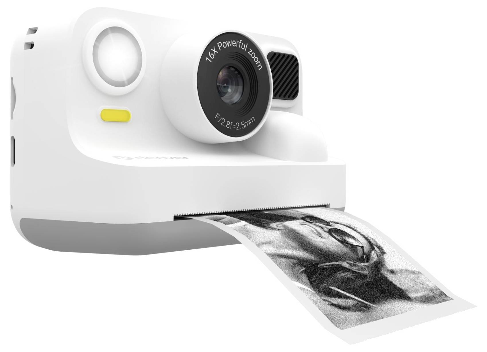 Bijeli instantni fotoaparat koji ispisuje crno-bijelu fotografi snimljenu u traci iz prednjeg utora, sa vidljivim objektivom i bljeskalicom.