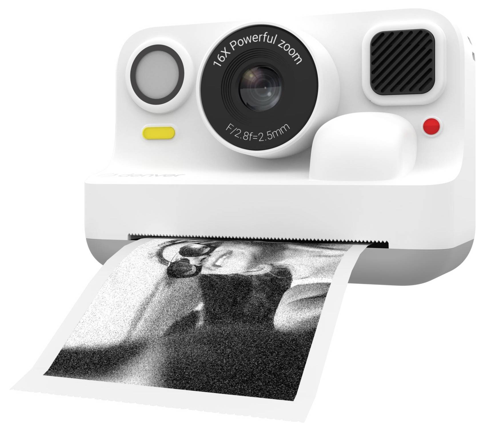 Bijeli trenutni fotoaparat koji ispisuje crno-bijelu fotografiju